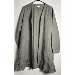 J Jill Cardigan Garment Dyed Linen Lagenlook Ruffle Pockets Earthy Cottage L